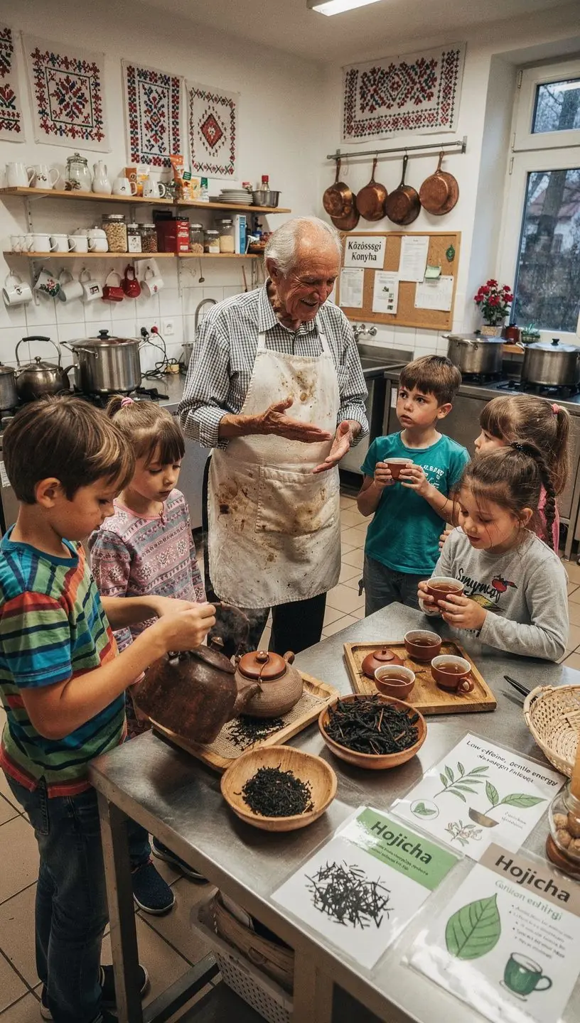 Egy csésze gőzölgő Hojicha tea, mellette egy karamellás sütemény.