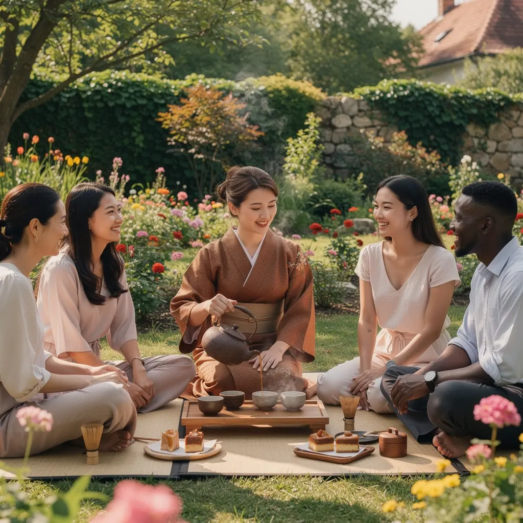 Frissítő hojicha tea a természetes környezetben, zöld levelek között.