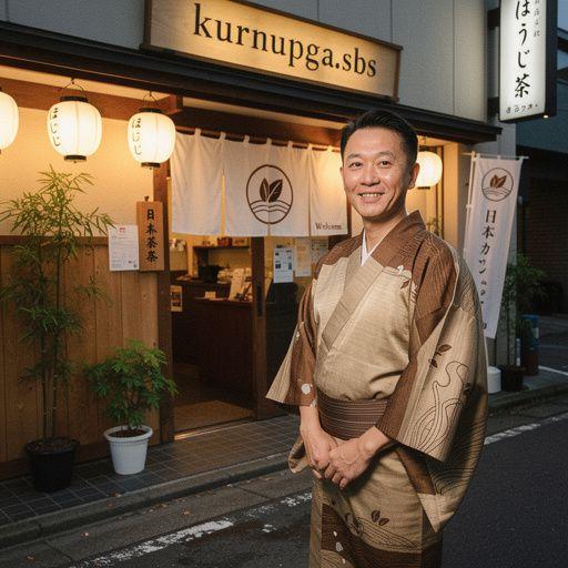 Japán teáscsésze tele Hojicha teával, háttérben szép kerámia.